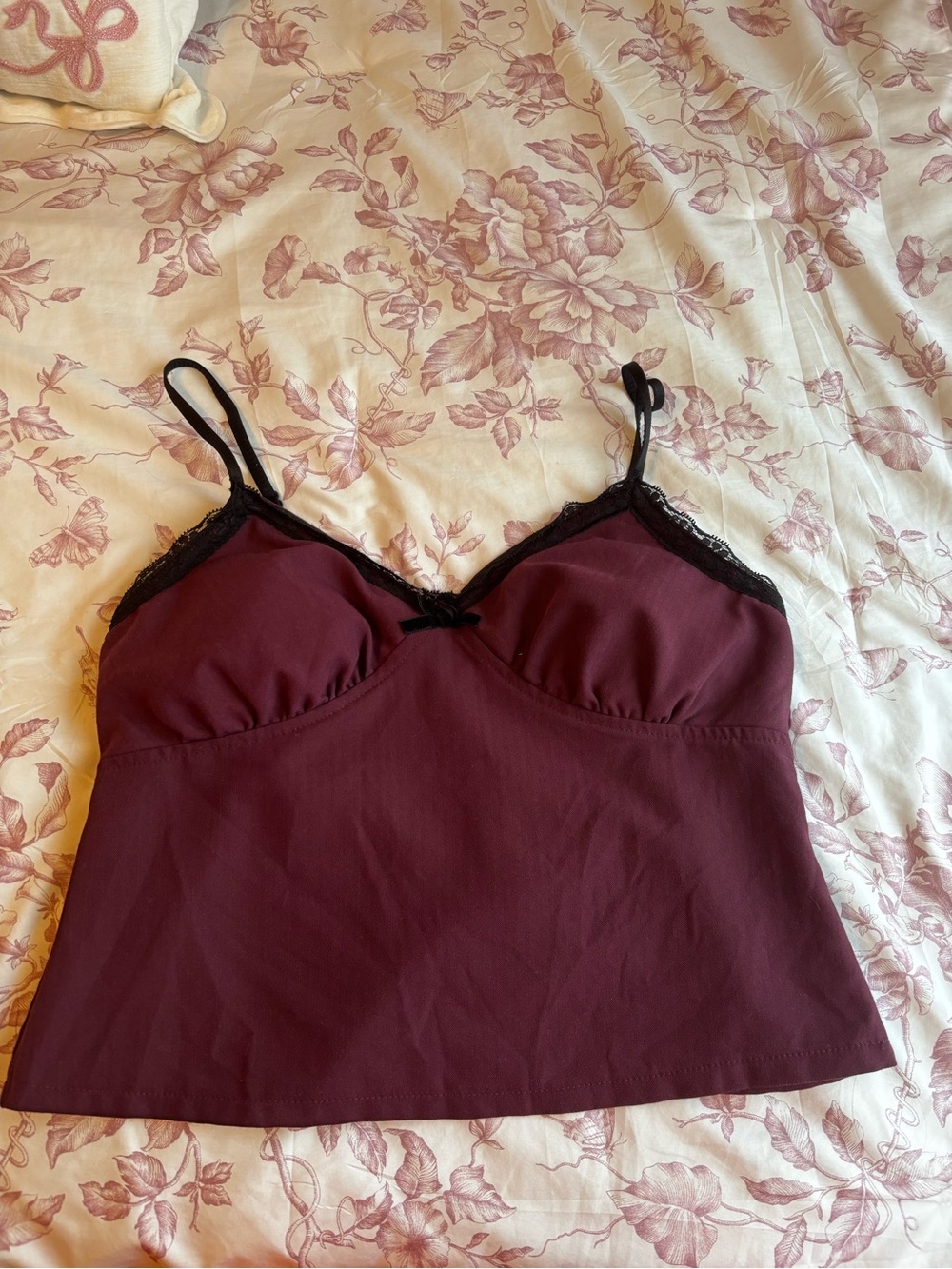 No Boundaries Burgundy Cami with Black Lace Trim